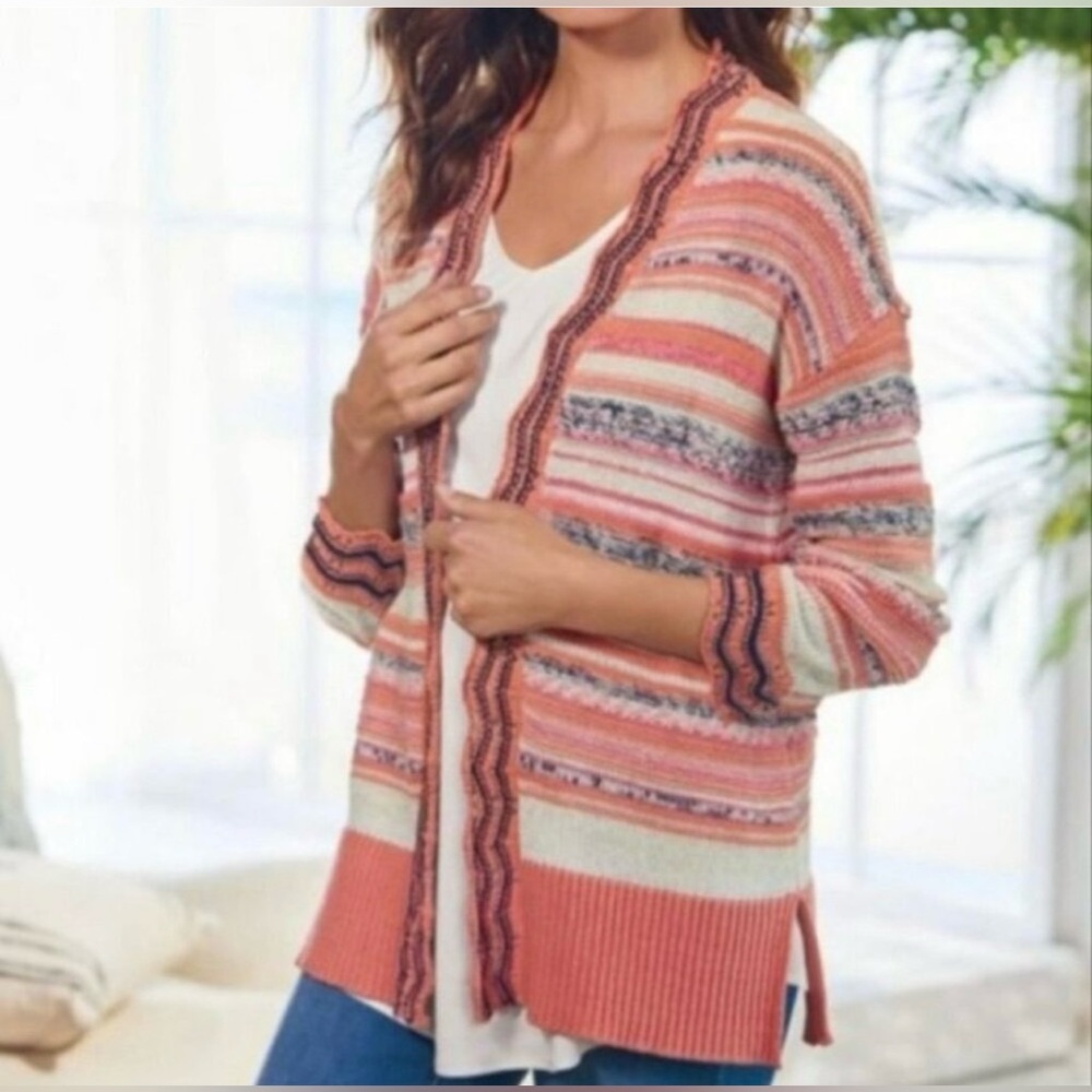 Soft Surroundings Oversized Striped Open-Front Cardigan, XL Comfy knit Sweater